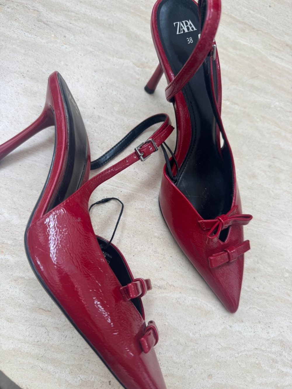 Zara Red Patent Pointed Slingback Heels with Bows